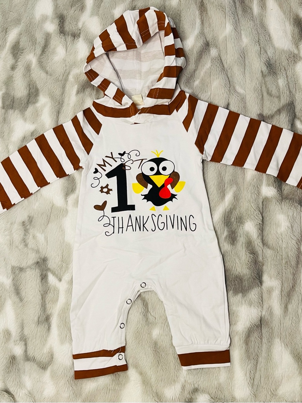 My 1st Thanksgiving" Brown & White Hooded Romper